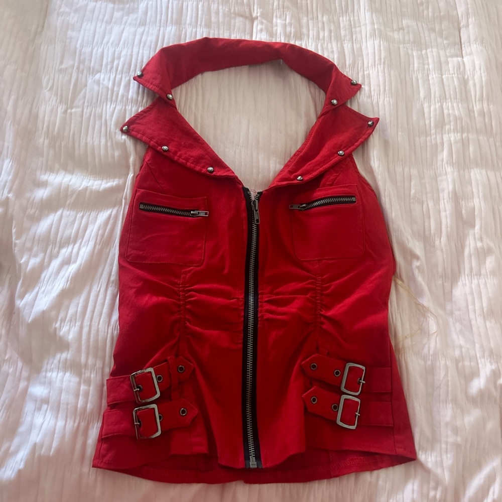 Chocolate Red Quilted Vest with Buckle Details